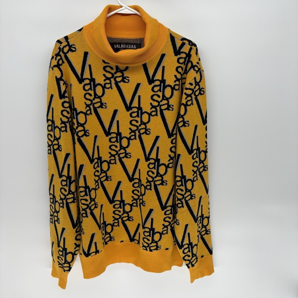 Valabasas Spellout Monogram Turtleneck Yellow Pullover Sweater Luxury Men XL
